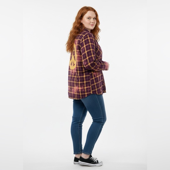 Peace Sign Boho Hippie Purple Yellow Festival Flannel Casual Womens M Upcycled - Picture 2 of 13